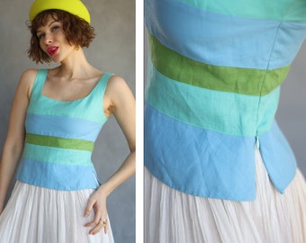 MARELLA Vintage blue green striped linen sleeveless blouse top XS S