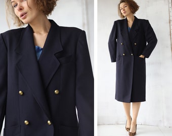 80s Vintage navy blue thin wool double breasted peacoat knee length coat