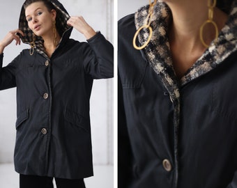 Swedish Vintage black plaid wool hood warm water resistant jacket coat