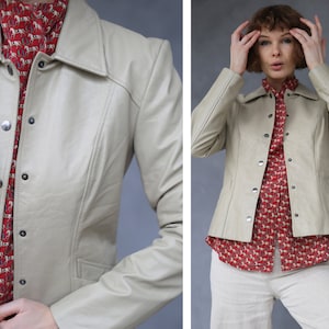 veste courte slim fit vintage en cuir véritable beige S