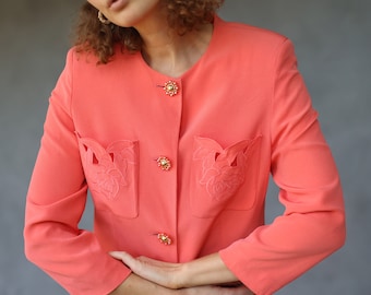 Chaqueta blazer de un solo pecho con corte floral rosa vintage