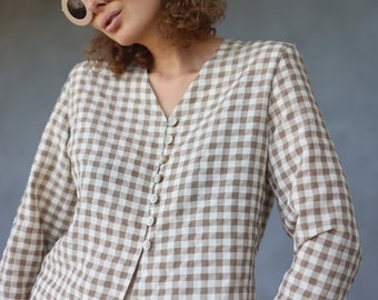 Vintage beige white plaided long sleeve shirt blouse top