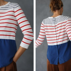 Vintage white blue striped jersey silk top