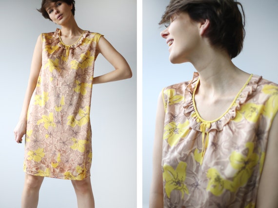 Soviet vintage brown yellow floral print nylon und