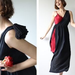Italian Vintage black silk one shoulder unusual evening half dress S