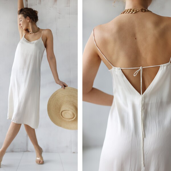 Vintage white pure silk low back thin strap slip dress