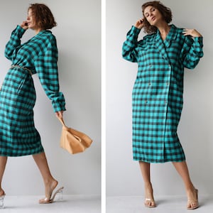 Italian vintage turquoise plaid wool unlined trapeze maxi dress or coat