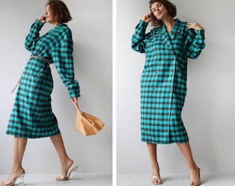 Italian vintage turquoise plaid wool unlined trapeze maxi dress or coat