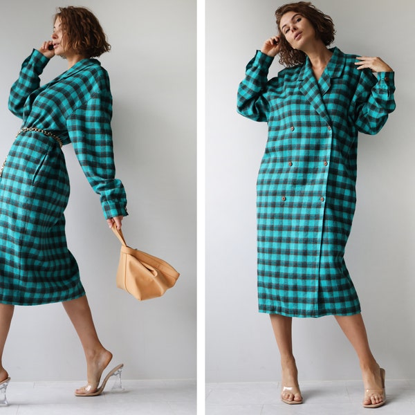 Italian vintage turquoise plaid wool unlined trapeze maxi dress or coat