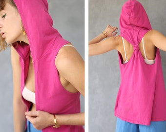 Vintage pink cotton racer back hooded sport vest top XS