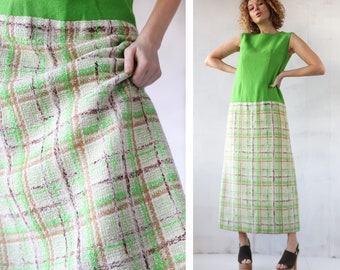 Vintage green white plaid wool tweed skirt sleeveless ankle length maxi dress S