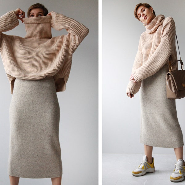 vintage melange beige côte tricot laine en soie angora mélange ajusté taille haute mi-mollet longueur midi jupe M