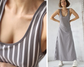 Finnish Vintage grey white vertical striped sleeveless maxi dress M