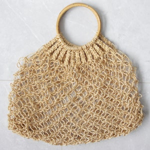 Vintage eco natural beige straw woven reusable grocery shopping chic market net tote bag image 2