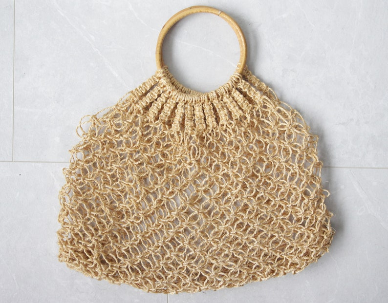 Vintage eco natural beige straw woven reusable grocery shopping chic market net tote bag image 2