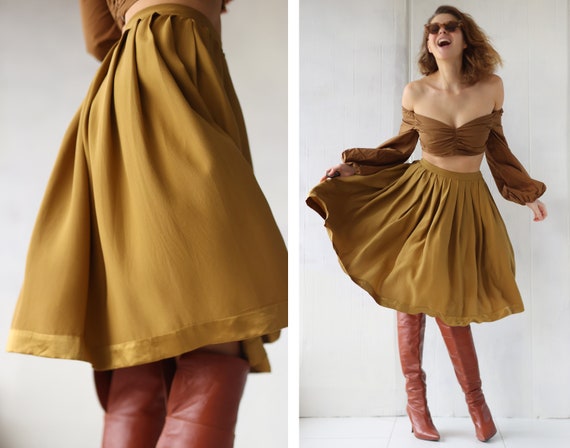 Vintage Brown Full Circle Pleated Knee Length Flared Midi Skirt Etsy