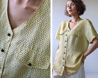 Vintage yellow black polka dot print silk blouse top L