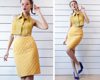 LES COPAINS vintage yellow quilted pure silk high waist fitted pencil midi skirt XS