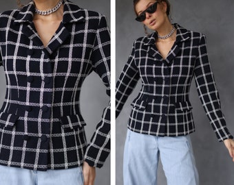 Vintage blue white checkered cotton wool blend fitted waist double breasted women blazer S