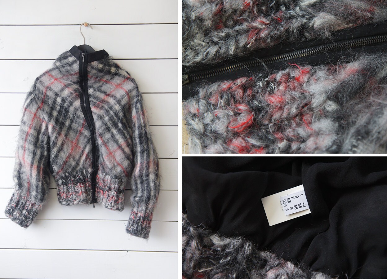 Vintage Grey Plaid Wool Mohair Silk Lined Chunky Knit Warm