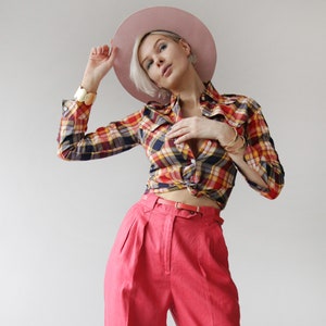 Vintage rot blau Tartan Plaid Skinny Slim Fit Schul Mädchen Shirt Bluse Crop Top XXS XS