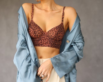 Vintage leopard mesh underwired soft cup bra lingerie top