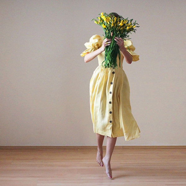 Vintage yellow linen folk dirndl princess ankle maxi dress S