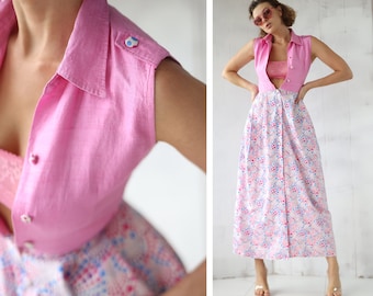 Vintage pink silk full skirt front button maxi dress XXS