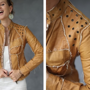 Veste courte ajustée en cuir véritable marron vintage de l'an 2000 S M