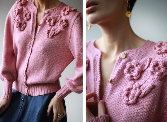 Vintage pink wool knit flower button up cardigan s