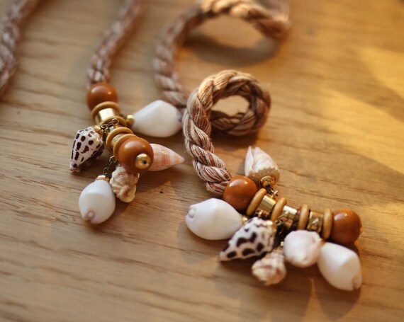 Vintage rope and natural sea shell bead string wa… - image 5