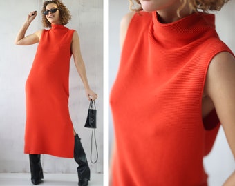 Vintage red rib knit minimalist sleeveless maxi dress