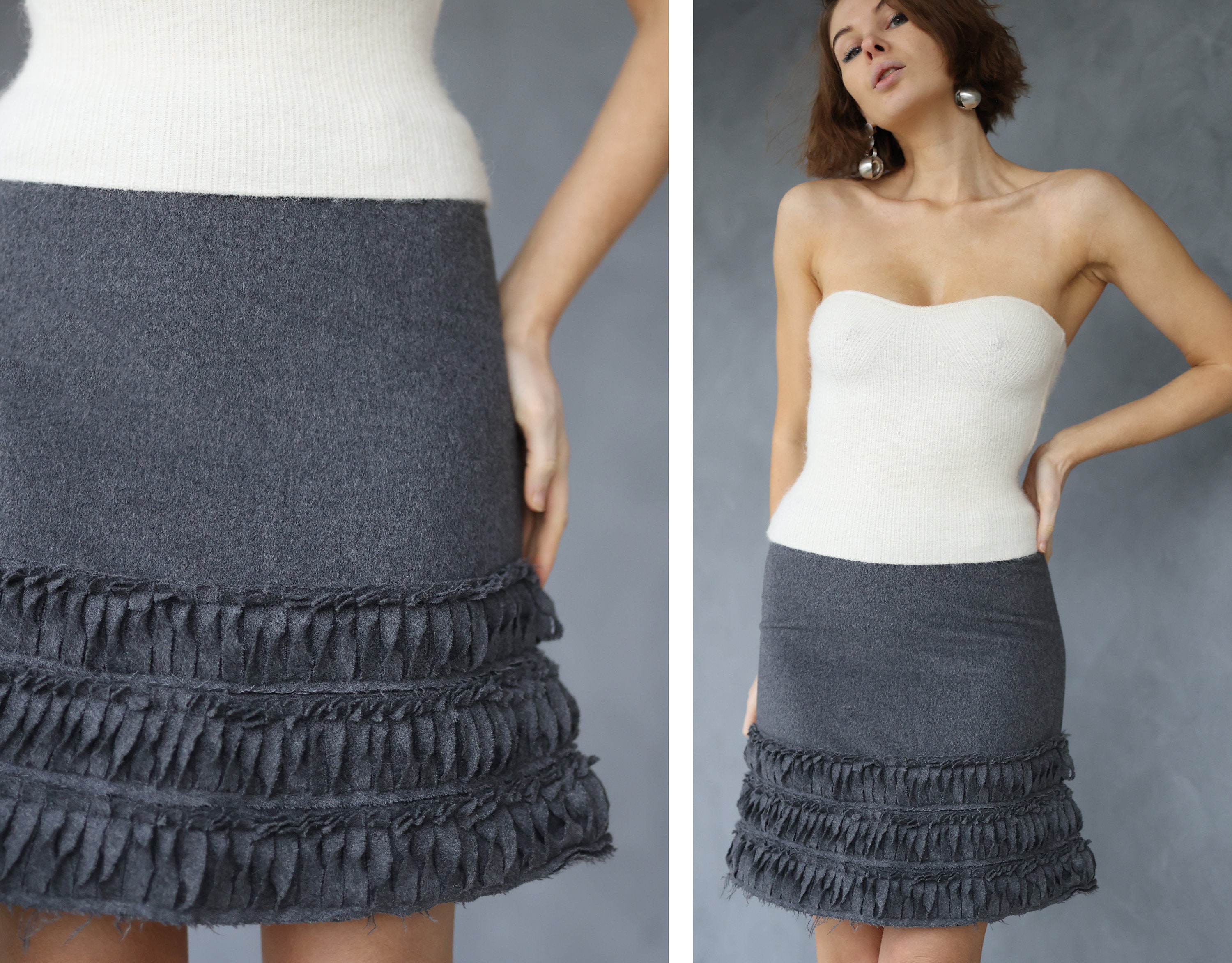 ERMANNO SCERVINO vintage grey angora high waist textured hem mini skirt S