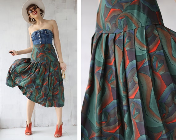 Vintage green abstract print pleated high waist m… - image 1