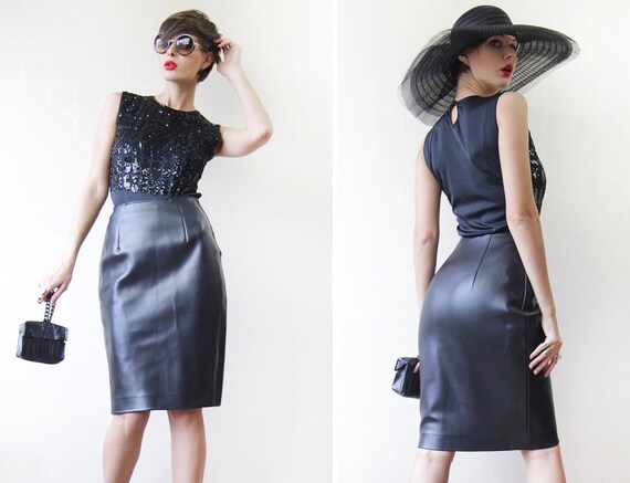 Vintage Black Thick Faux Leather High Waist Knee Length Tight