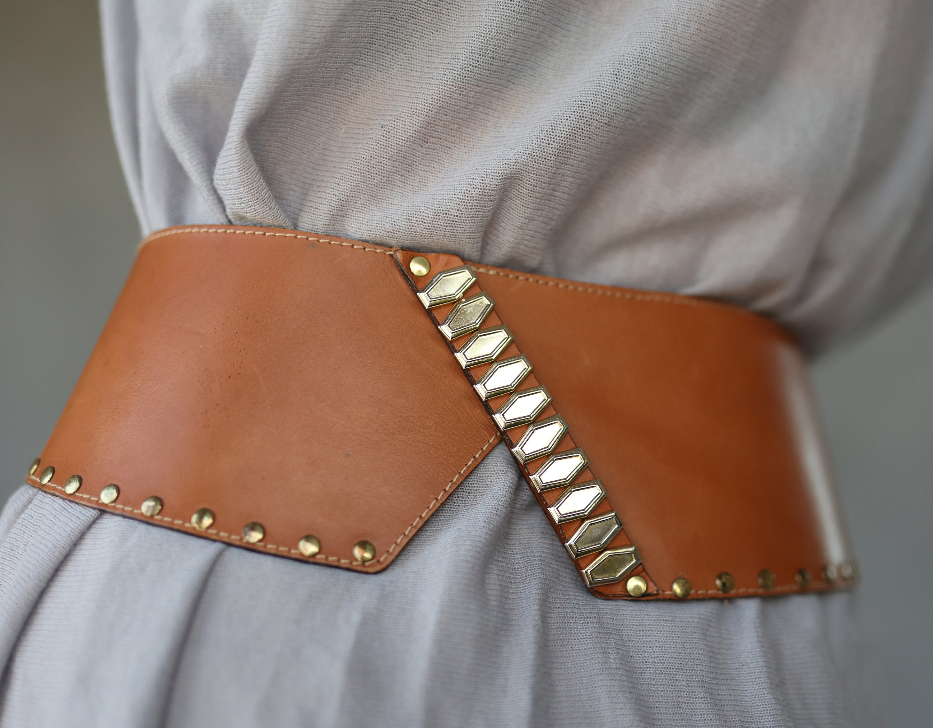 Brown Leather Waist Cincher Vintage Studded Brown Leather Extra