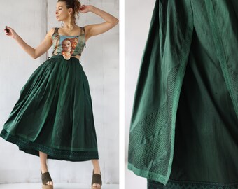 Vintage groene zijden volledig gelaagde maxi-rok met middelhoge taille en hoge taille S