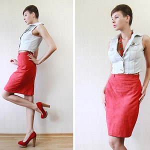 LAUREL vintage red soft quilted suede leather high waist pencil skirt XS image 4