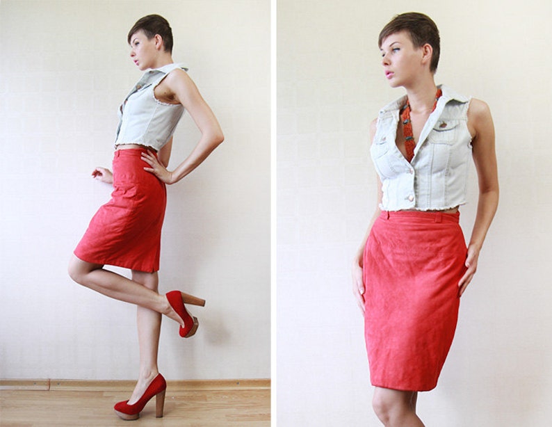 LAUREL vintage red soft quilted suede leather high waist pencil skirt XS image 4