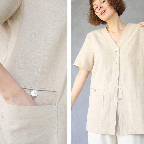 Vintage beige linen cotton short sleeve blazer blouse top