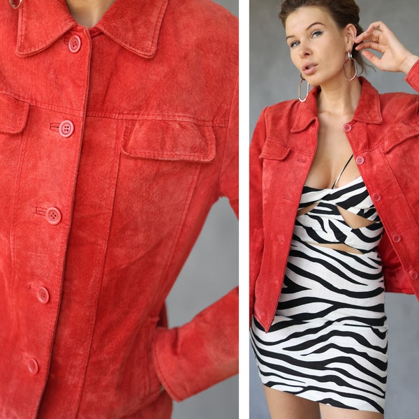 veste courte en cuir véritable rouge vintage M