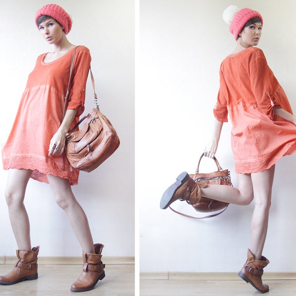 Rust red orange dyed cotton high waist tunic mini dress
