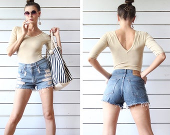 LEVI'S 512 blue denim ripped raw edge cut off high waist mini shorts S