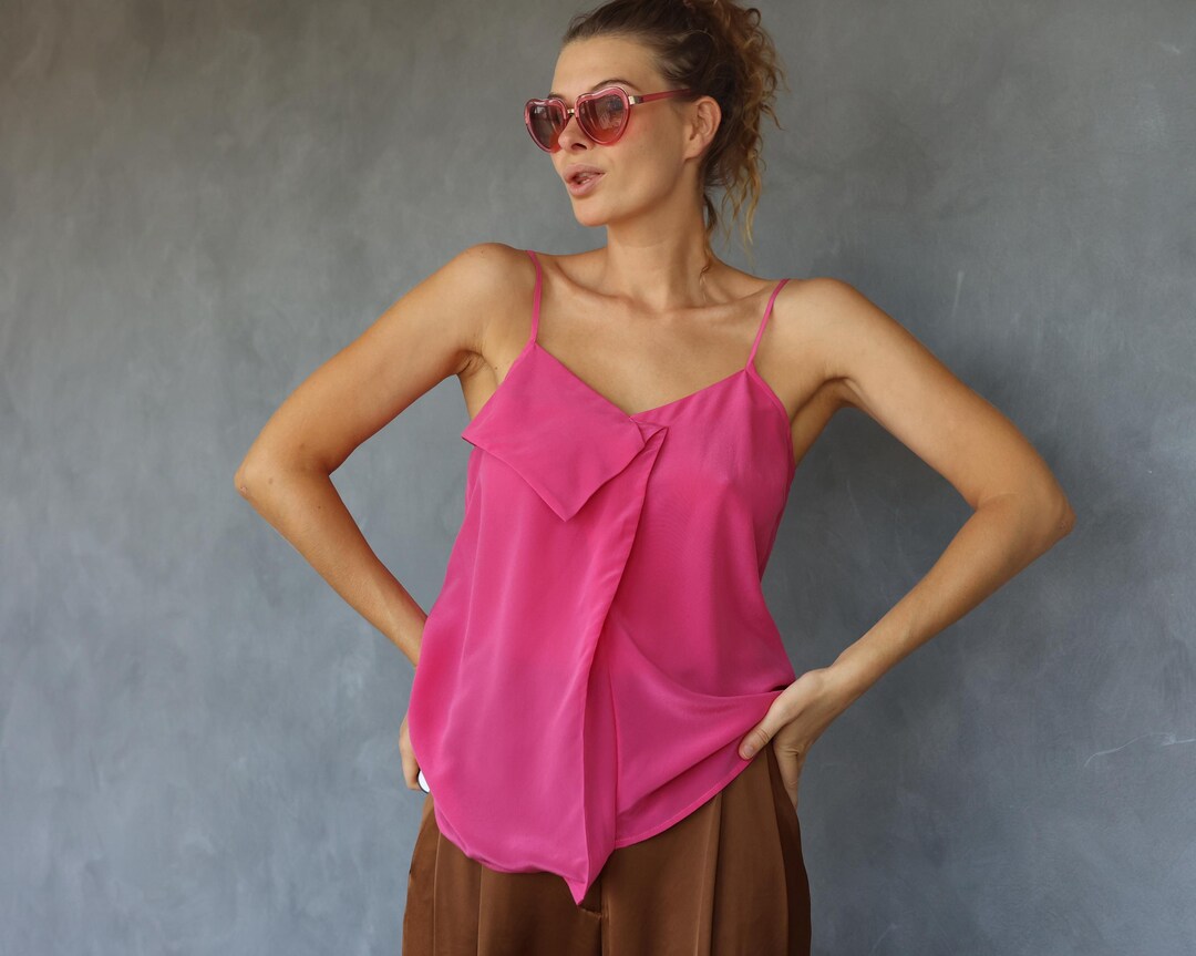 Blusa vintage de alça fina de seda pura rosa Portugal