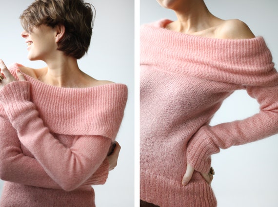 Vintage pink mohair knit long sleeve cowl neck swe