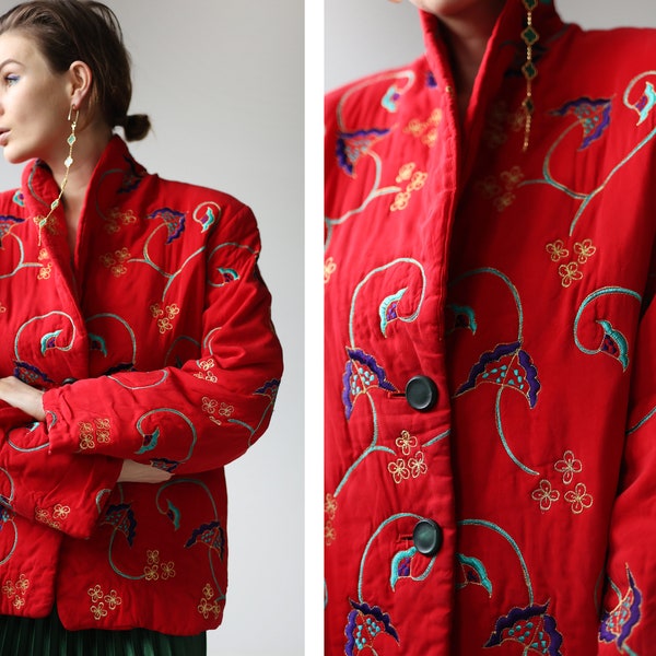 Vintage red silk embroidered warm padded jacket coat