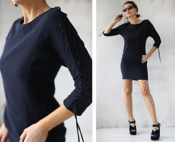 CHLOE vintage navy blue lace up sleeve short mini… - image 1