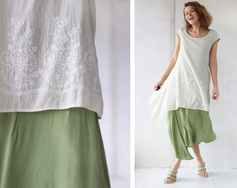 Vintage groen witte zachte katoenen dubbellaagse maxi-jurk met enkellaagjes
