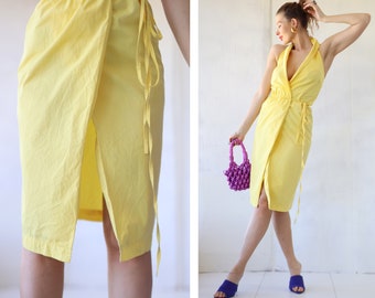 JEREMY SCOTT vintage yellow cotton sexy wrap midi dress XS S