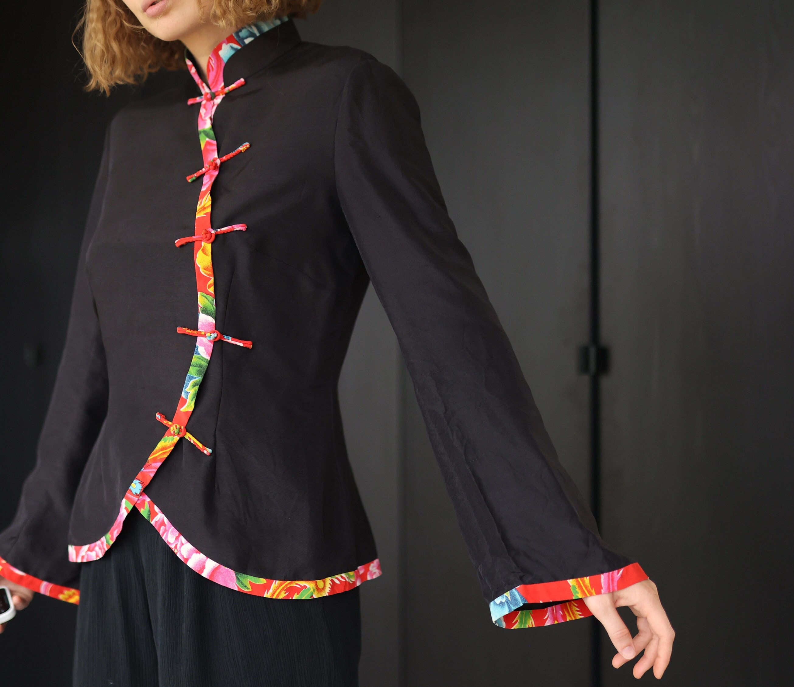 Vintage Black Silk Flared Sleeve Chinese Knot Button Blouse Vintage Black Silk Flared Sleeve Chinese Knot Button Blouse